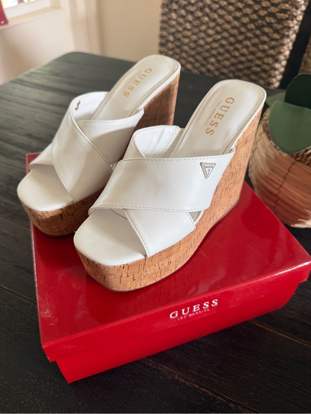 GUESS White Leather Cork Platform Wedge Sandals